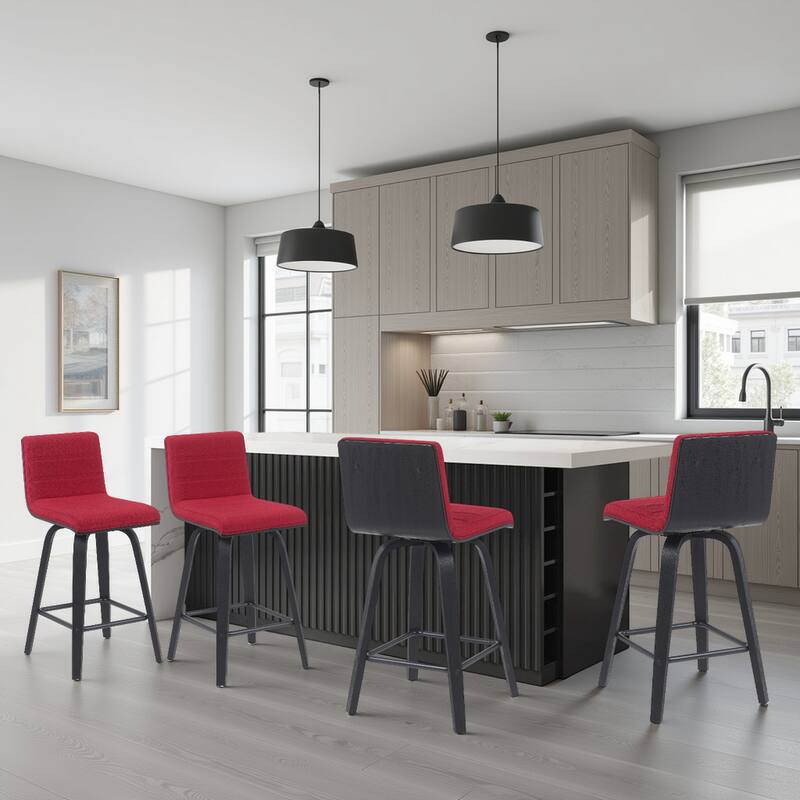 Skara Mid-Century Swivel Counter Stool, Upholstered Counter Height Chair with Bentwood Legs - Red Fabric & Black - Set of 4