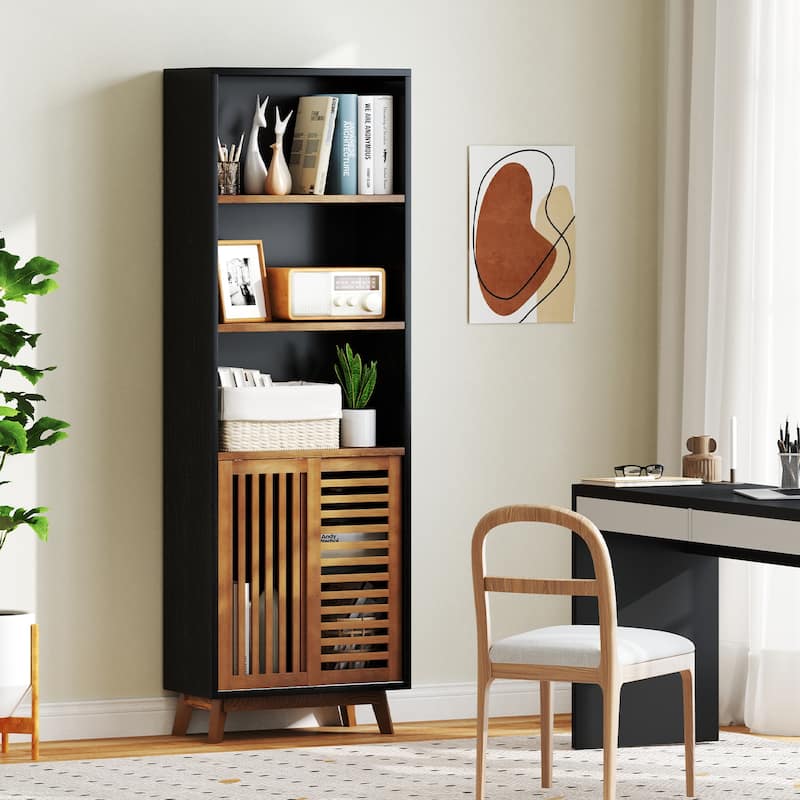 Black-Walnut Solid Wood MDF Bookshelf with Aluminum Sliding Doors and 5 Tiers - 23” x 12” x 70”