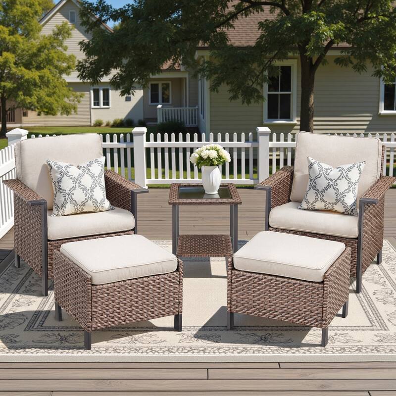 Pocassy Outdoor Wicker 5-Piece Patio Chair Table with Ottoman - Brown Wicker Beige Cushion - 5-Piece Patio Chair Table with Ottoman