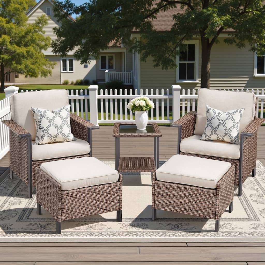 Pocassy Outdoor Wicker 5-Piece Patio Chair Table with Ottoman