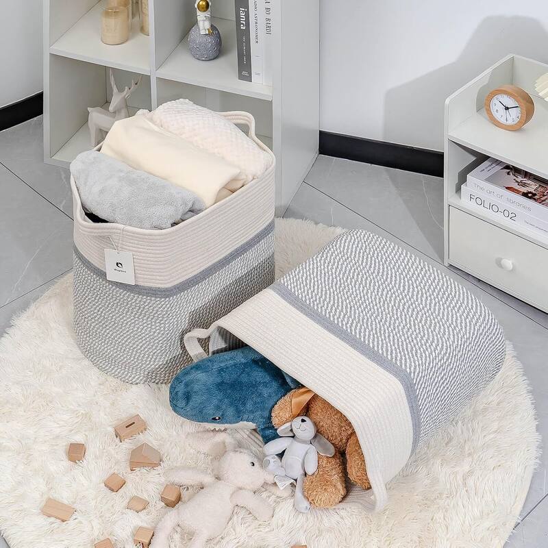 Storage Baskets for Clothes Fabric Cotton Rope Storage Basket with Handles - 14"L x 11"W x 14"H