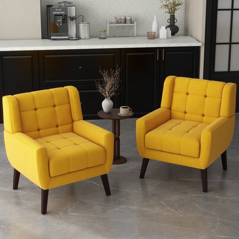 Set of 2 Tufted Upholstered Accent Armchair - Yellow-Linen