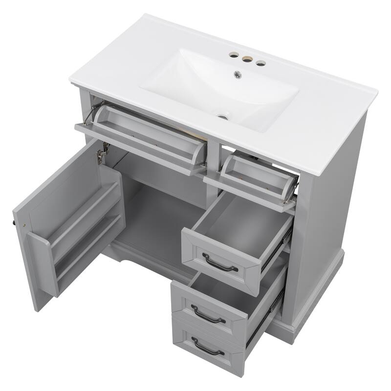 Roomfitters 36" Bathroom Vanity with Ceramic Sink, 2 Tip-out Drawers and Smart Storage Organizer