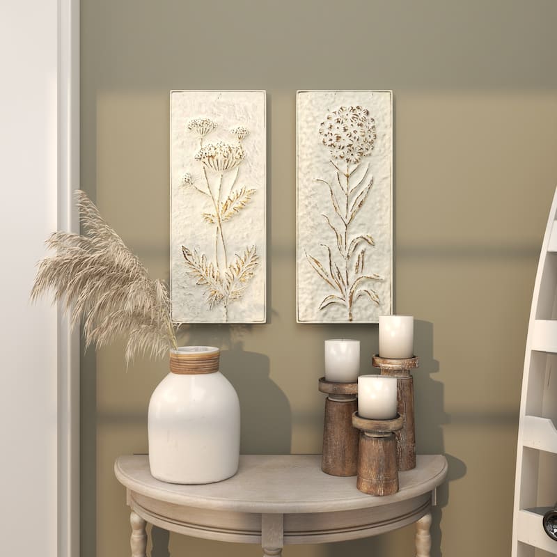 Metal Floral Relief Home Wall Decor with Gold Detailing - Set of 2 White - Roche River Decor