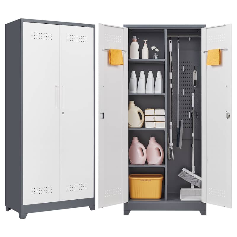 Metal Cleaning Tool Cabinets With Locking Doors, High Broom Tool Storage Cabinets, Adjustable Shelves - White