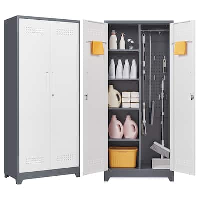 Metal Cleaning Tool Cabinets With Locking Doors, High Broom Tool Storage Cabinets, Adjustable Shelves