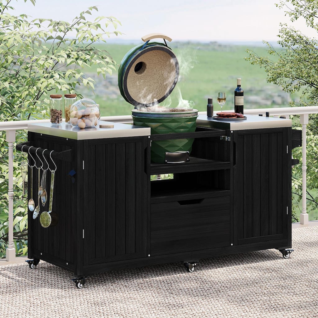 66.5" Outdoor Kitchen Island for Big Green Egg Grills, Solid Wood Grill Cart with Stainless Steel Top