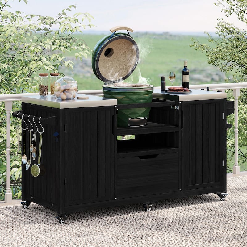 66.5" Outdoor Kitchen Island for Big Green Egg Grills, Solid Wood Grill Cart with Stainless Steel Top - Black