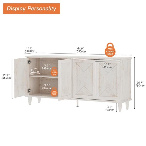 dimension image slide 1 of 6, Large Buffet Cabinet with Handcrafted Pop-Up Doors for Dining Room