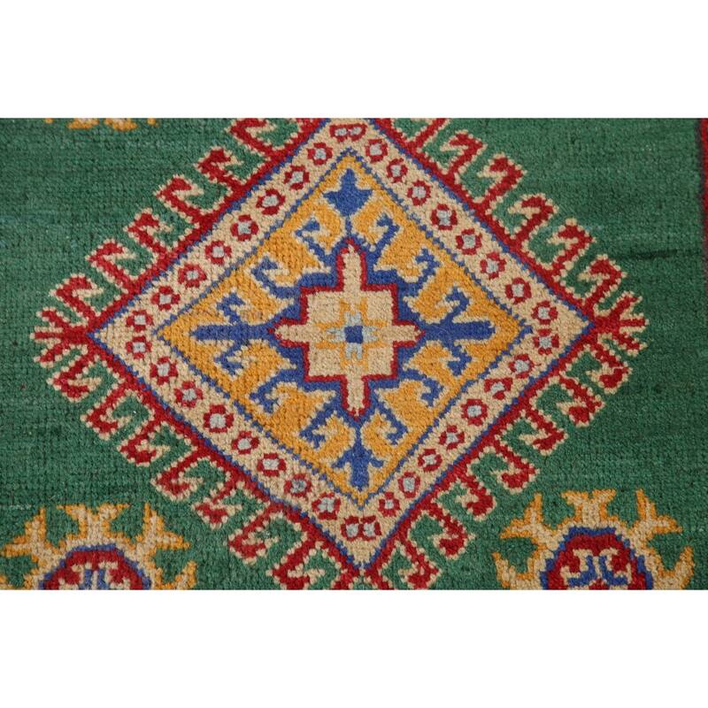 Traditional Green Kazak Runner Rug Hand-Knotted Wool Carpet - 2'8" x 16'4"
