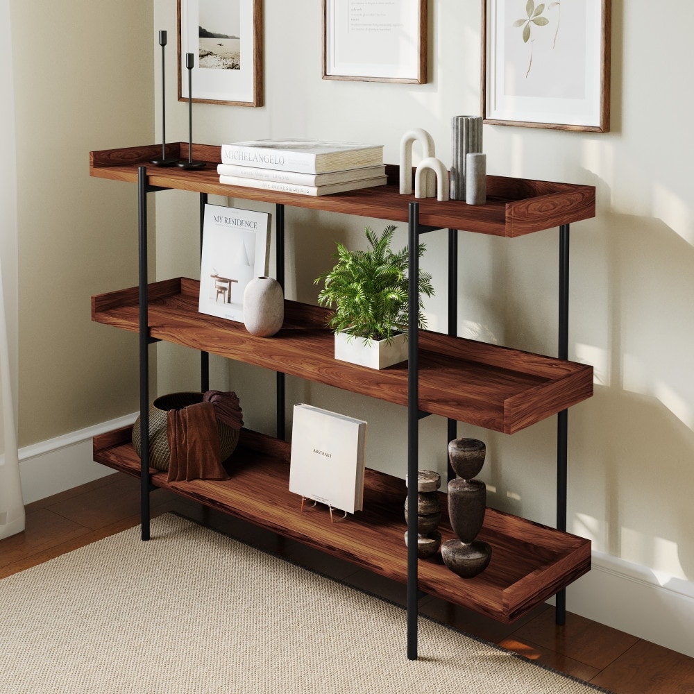 3 Shelf 35"H Display Unit with Metal Frame in Rustic Wood Grain Finish