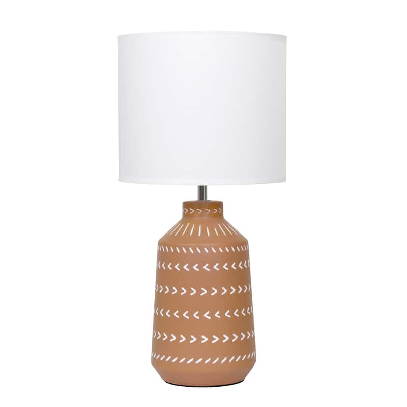 Tribal Style Ceramic Table Lamp with White Drum Shade - 17" - Terracotta Brown
