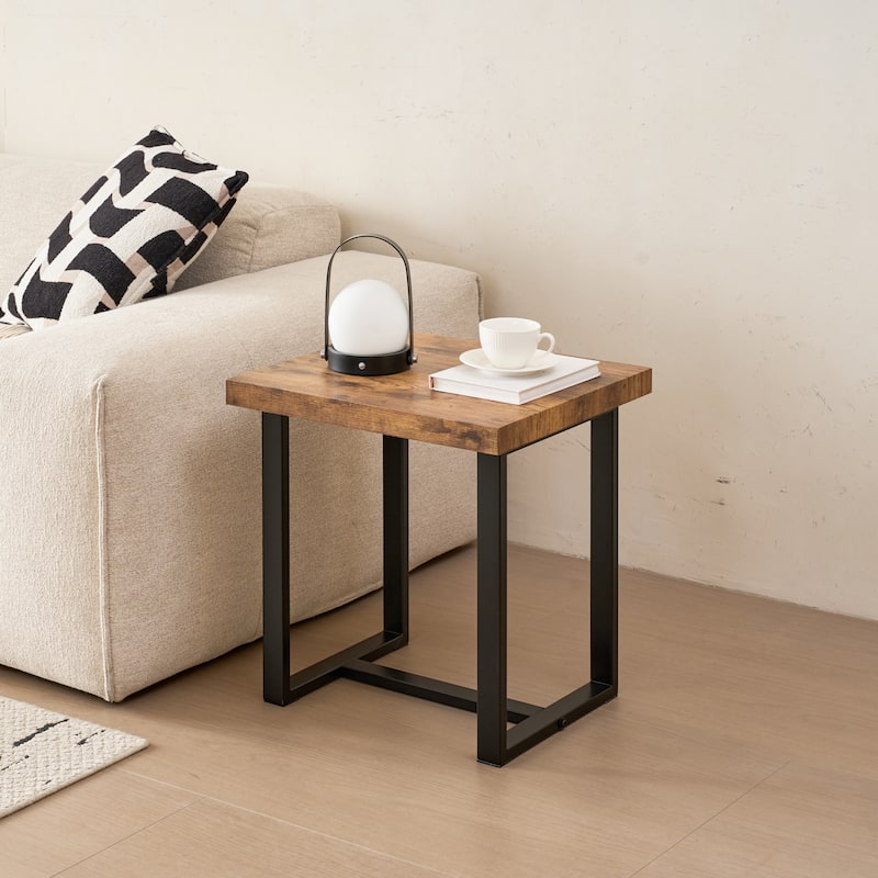2 Pieces Small Tea Table,Walnut Night Stand,MDF Side Table, Sofa Table with Metal Leg