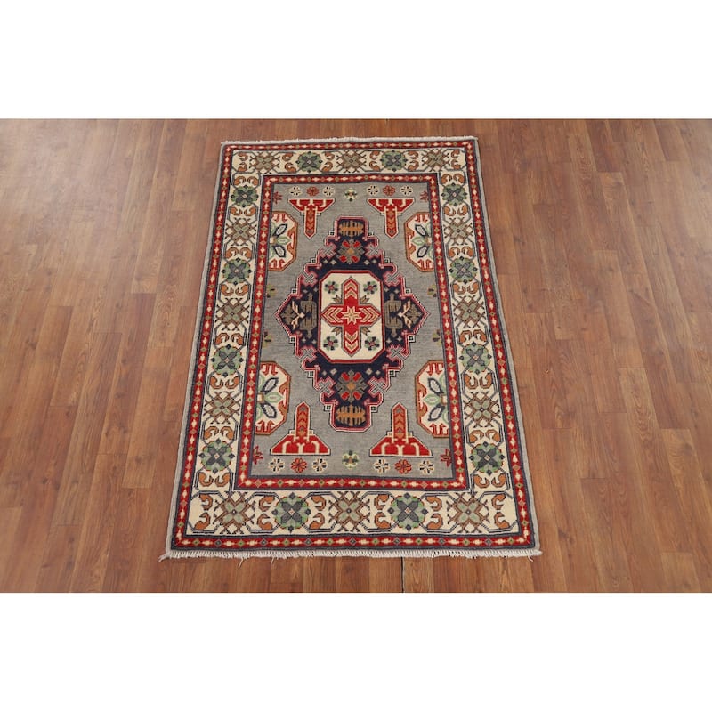 Traditional Grey Kazak Foyer Rug Hand-Knotted Wool Carpet - 3'2" x 4'11"