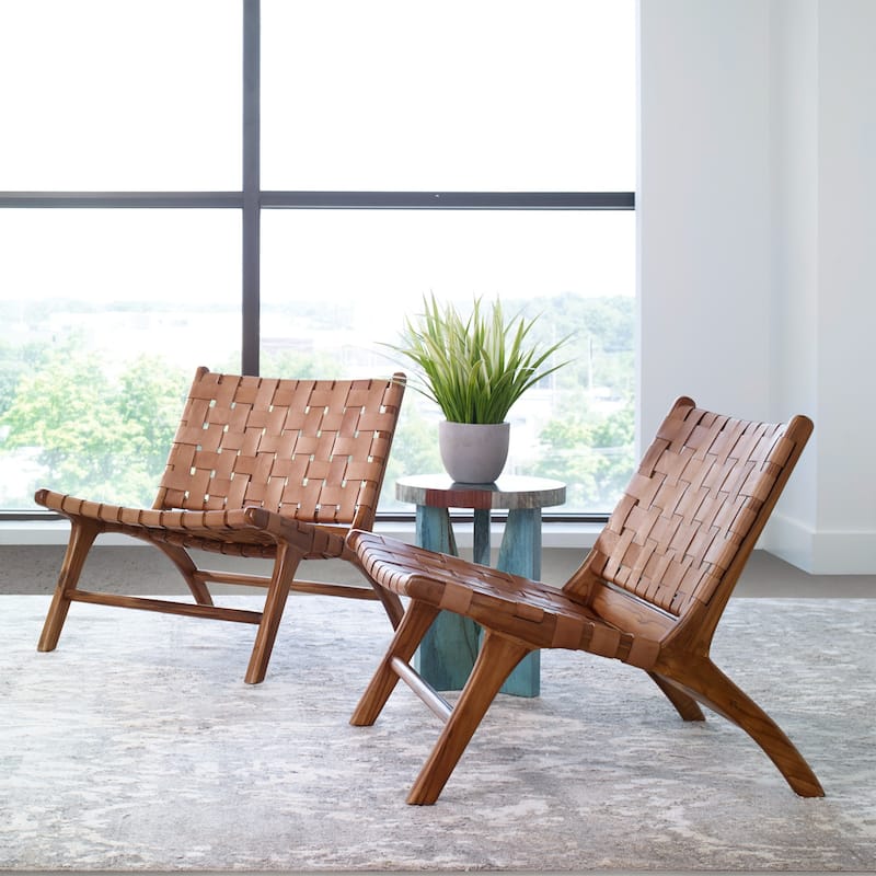 Woven Wooden Framed Leather Accent Chair - 30" - Brown