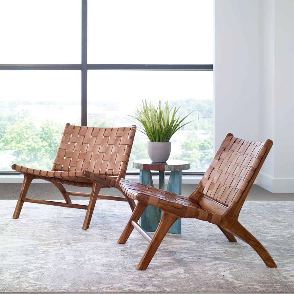 Woven Wooden Framed Leather Accent Chair - 30" - Brown