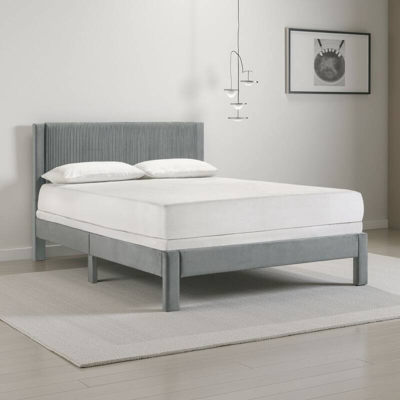 Cery Full Size Platform Bed, Light Gray Upholstery, Textured Headboard
