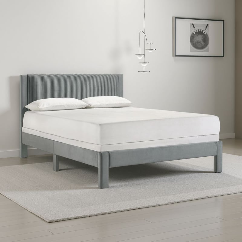 Cery Queen Size Platform Bed, Light Gray Upholstery Textured Headboard