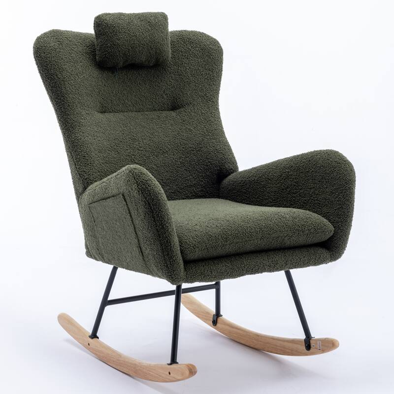 Teddy Fabric Wingback Rocking Chair for Nursery with Safe Solid Wood Base