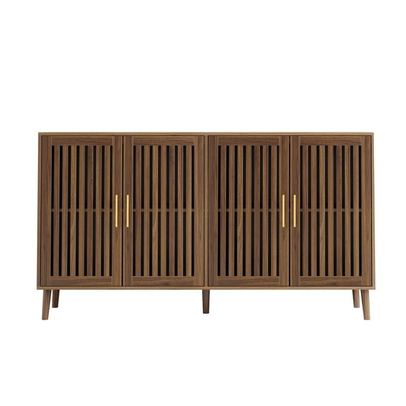 Roomfitters Mid-Century Modern Sideboard Buffet with Vertical Slat Doors, 4-Door Storage Cabinet with Gold Handles, Walnut