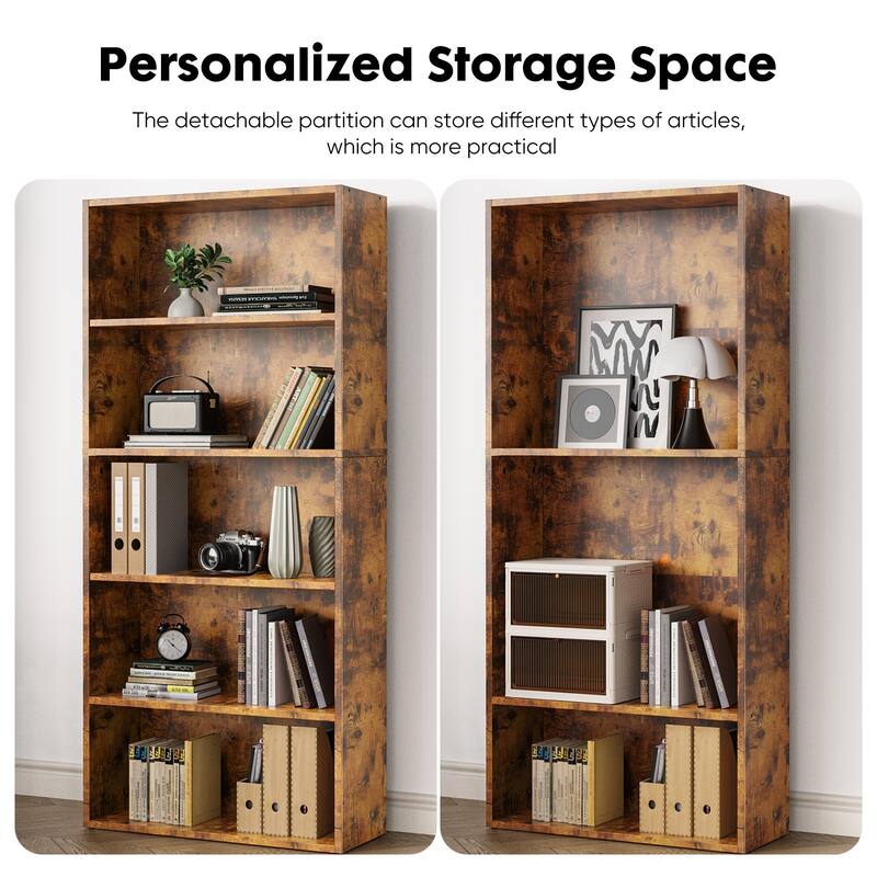 Industrial 5 Shelf Bookcase-Large 53 Inch Tall Floor Standing Open Bookshelf for Home Office, Living Room, and Bedroom Storage