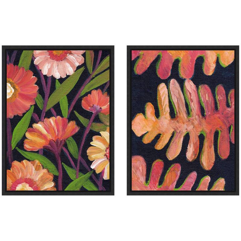 Kate and Laurel Sylvie Painterly Florals and Palm Leaves Framed Canvas Art Set by Nikita Jariwala