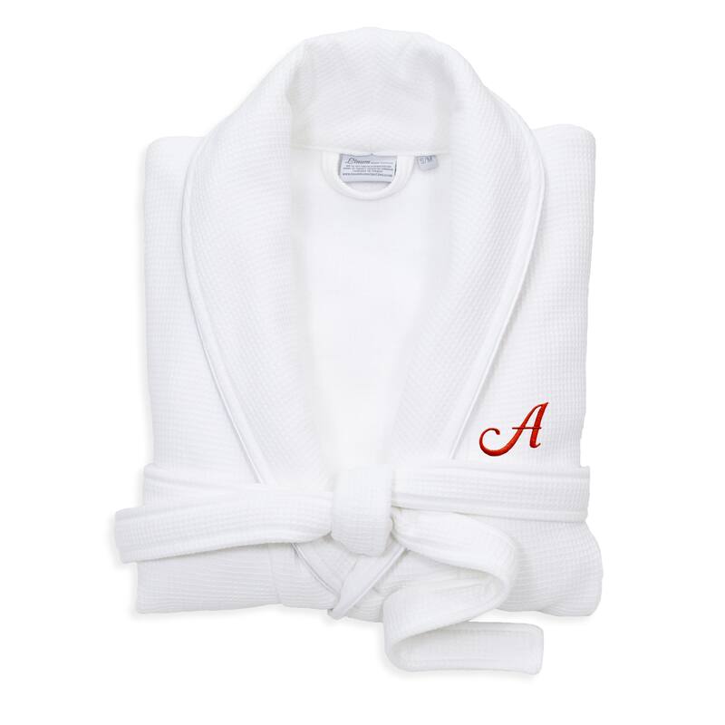 Authentic Hotel and Spa White Unisex Turkish Cotton Waffle Weave Terry Bath Robe with Red Script Monogram - S/M - A