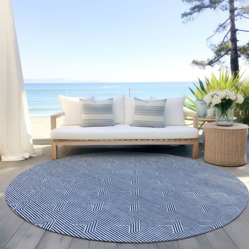Machine Washable Indoor/ Outdoor Chantille Contemporary Stripe Rug - Blue - 8' x 8'