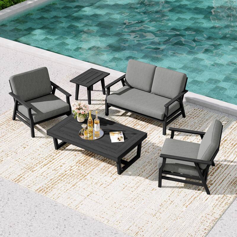 5-Piece Teak Outdoor Conversation Set with Tables. - 4-seat - Grey/Black Wood