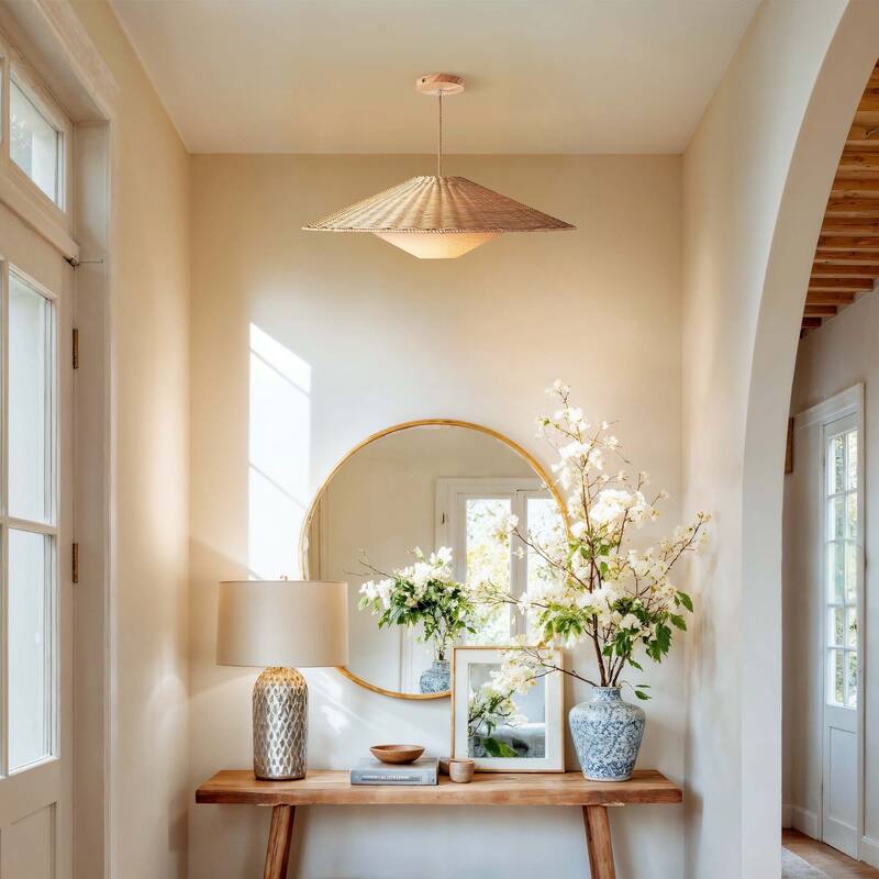 Sunny Rattan Pendant Light - Natural Large Cone 1-Light Handwoven Light Fixture For Modern, Transitional, Farmhouse Room Décor