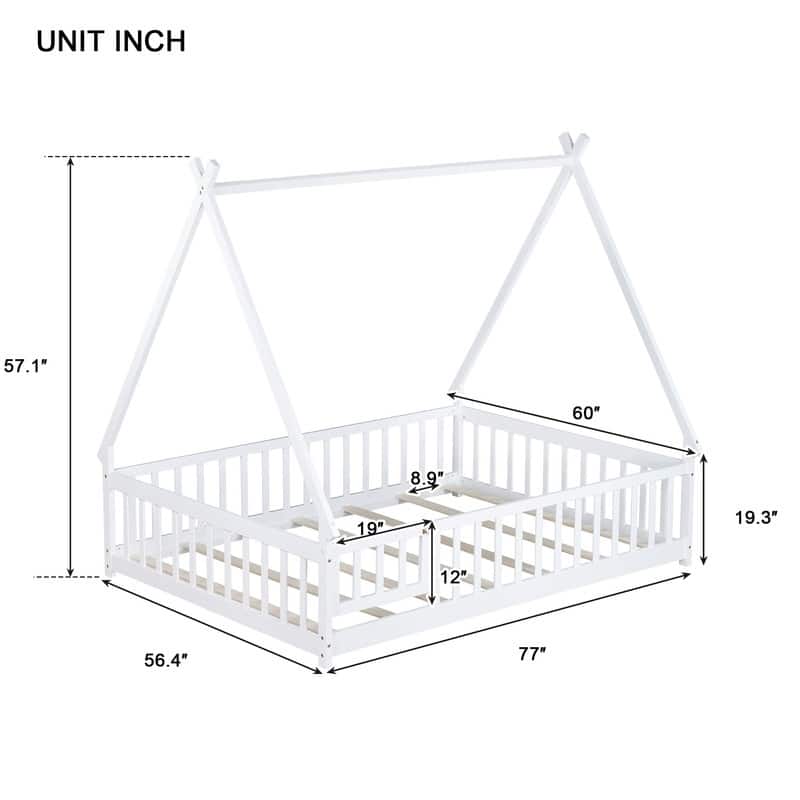 Full Size Rubber Wood Tent-shaped Floor Bed with Guardrails,Slats and Door