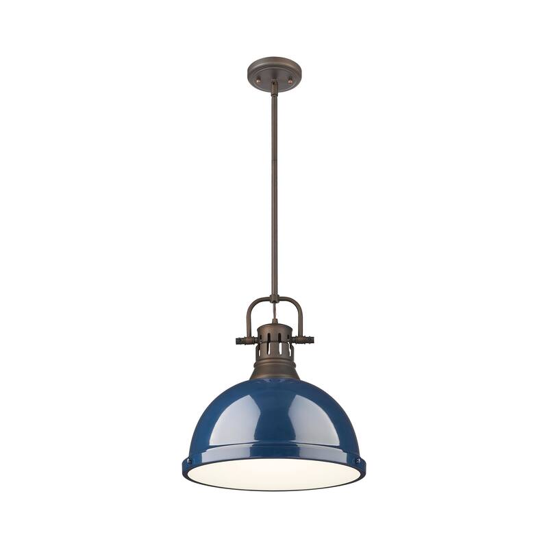Yep by Golden Lighting Duncan 1-light 14in Rod Hung Pendant in Rubbed Bronze and Navy Blue shade