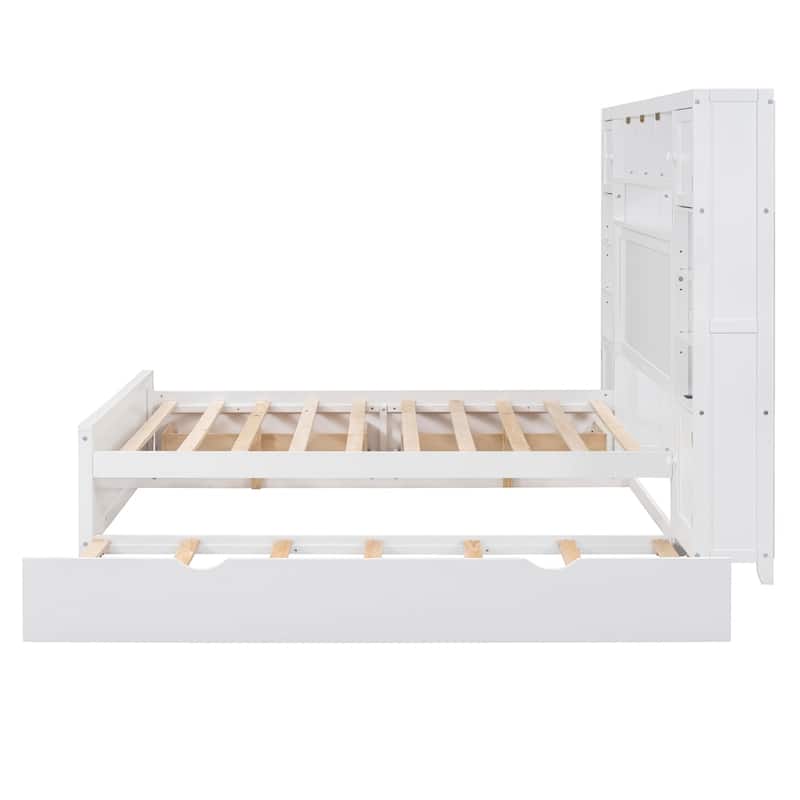 Full Size Wooden Bed With All-in-One Cabinet, Shelf and Sockets