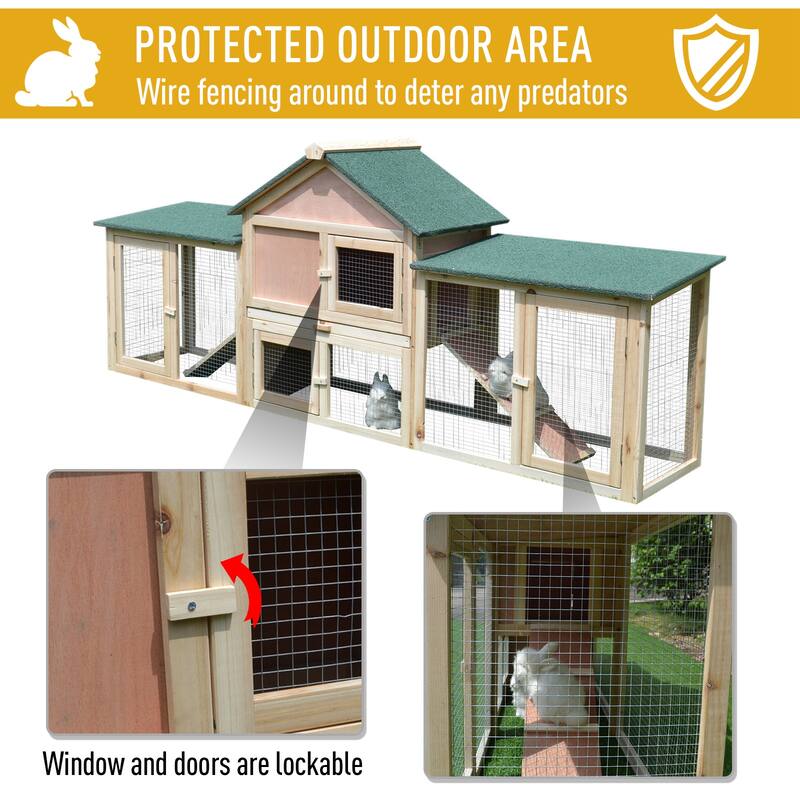 PawHut 83" Wooden Rabbit Hutch Large Bunny Hutch House with Double Run, Removable Tray and Waterproof Roof for Outdoor