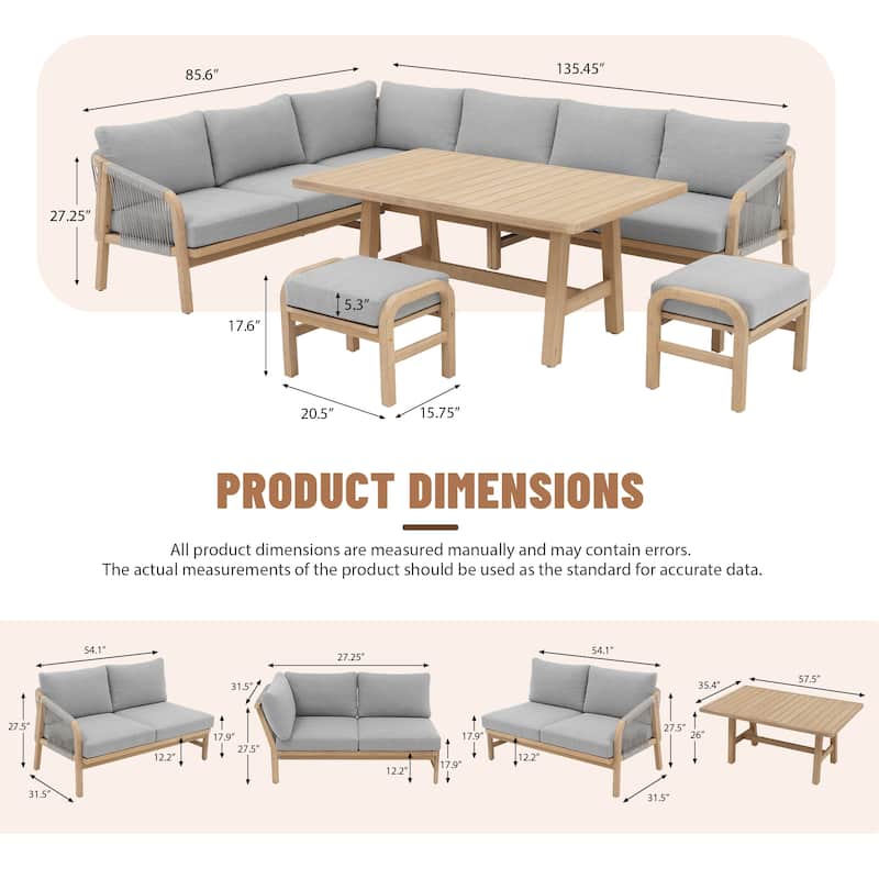 Outdoor Sectional Sofa Set 6-Piece Acacia Wood L-Shaped Corner Sofa Set with Dining Table & Ottoman