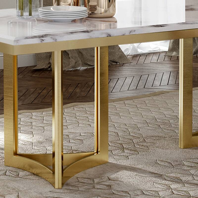 Modern Marble Dining Table with White Rectangular Tabletop Gold Stainless Legs, Dining Room Table for 4-6 - 63"