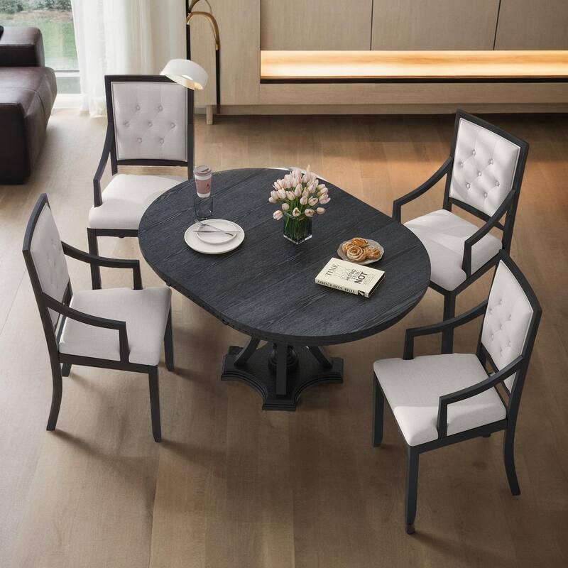 Retro 5-piece Dining Set Extendable Round Table and 4 Chairs for Kitchen Dining Room - Black