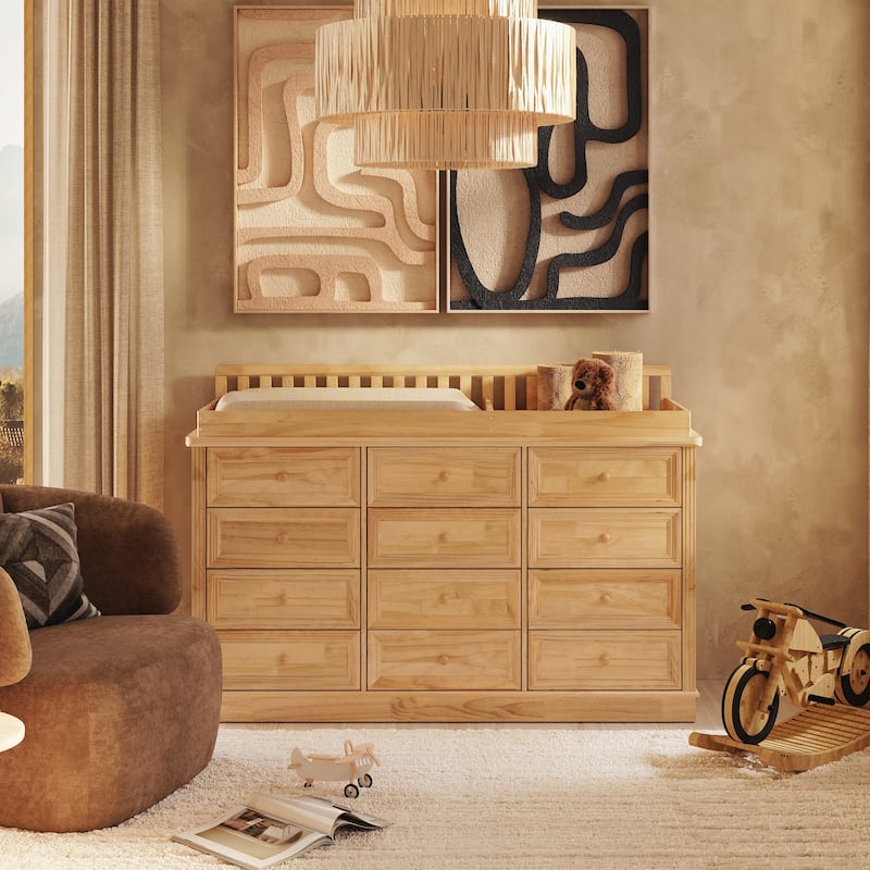 Extra Wide Solid Pine Wood 12-Drawer Changing Table Dresser – 59.9" Real Wood Nursery Dresser with Removable Topper