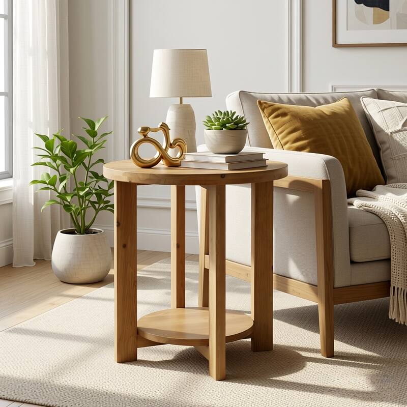 2-Tier Solid Wood End Table, Accent Round Side Table with Storage Shelf