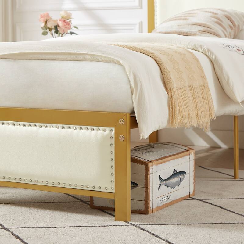 2 Pack Twin Upholstered Bed Set 40" Wide Bed with Nailhead Trim 12.6" Underbed Space & Padded Headboard Footboard