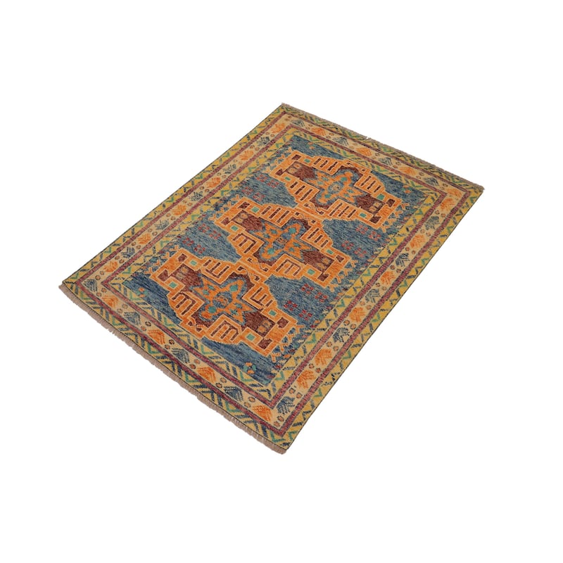 Rustic Balochi Burnett Blue/Beige Hand Knotted Wool Rug - 3'11'' x 6'0''