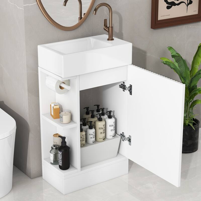 18.6" Vertical Stripe Door Cabinet Bathroom Vanity with Sink, Toilet Paper Holder and 2-tier Shelf - Available Left or Right