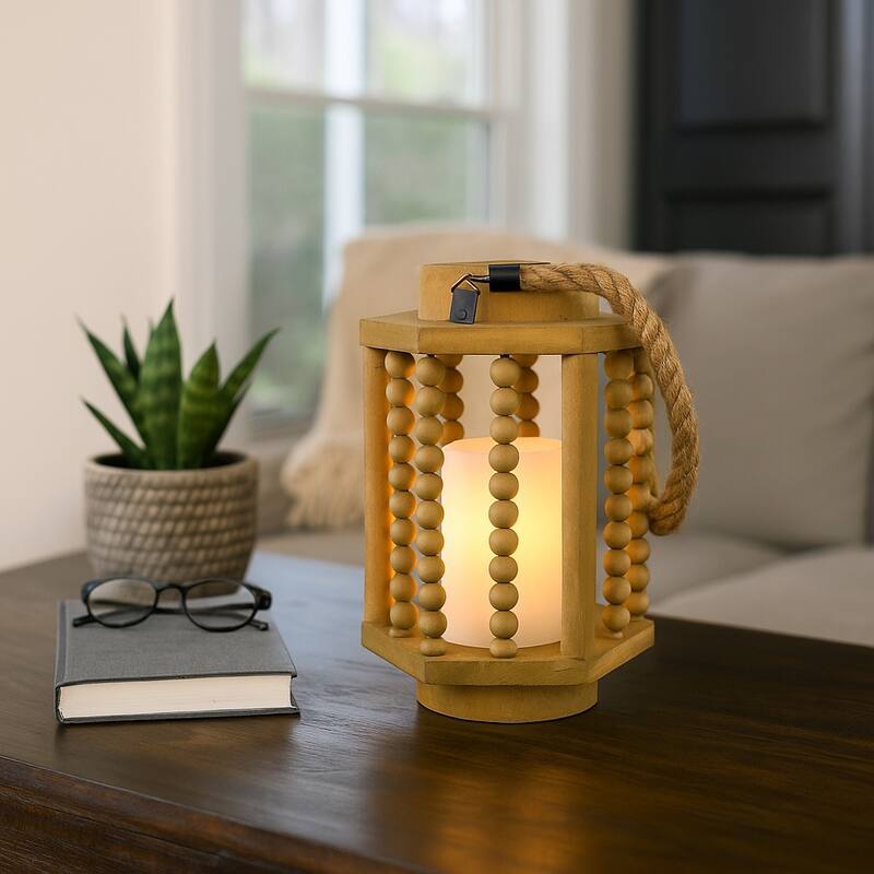 Wood Hurricane Lantern with Rope Handle - Brown, 11 in. - 11.0"