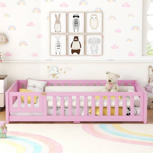 slide 2 of 9, Pink Full Size Bed Floor Bed with Safety Guardrails and Door for Kids