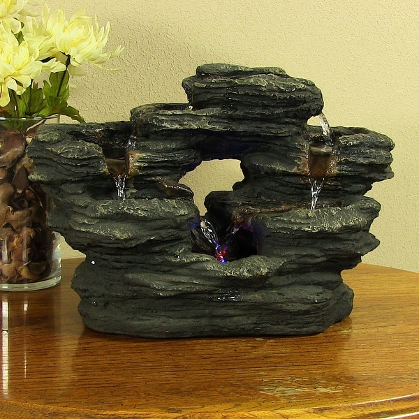 Sunnydaze 2-Stream Rock Tabletop Water Fountain with LED Lights - 15-Inch