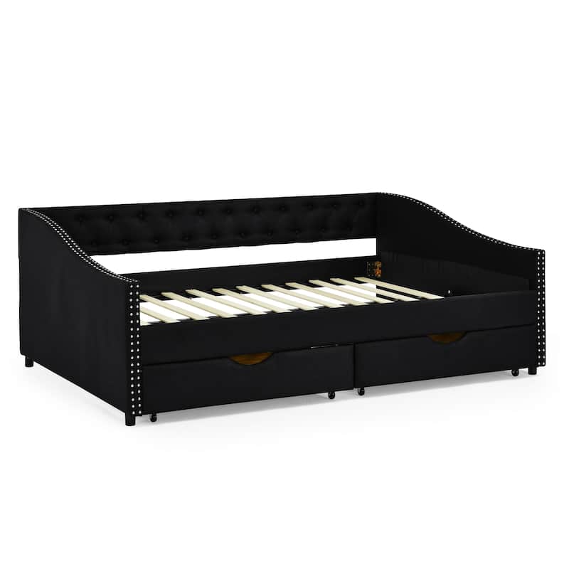 Full Size Daybed with Drawers Upholstered Tufted Sofa Bed with Waved Shape Arms