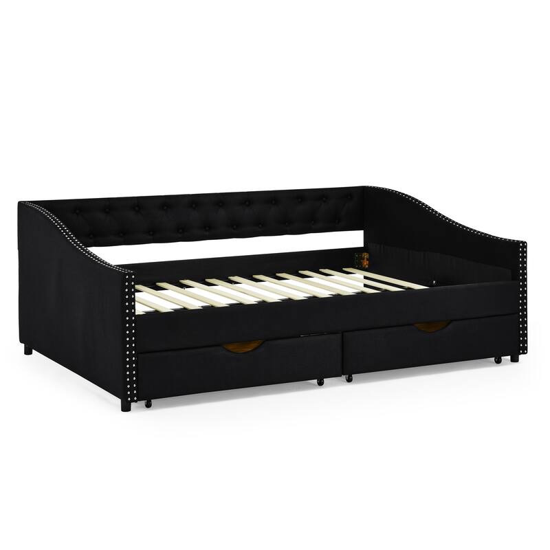Roomfitters Twin/Full/Queen Upholstered Daybed with Tufted Backrest, Nailhead Trim and Underbed Storage Trundle