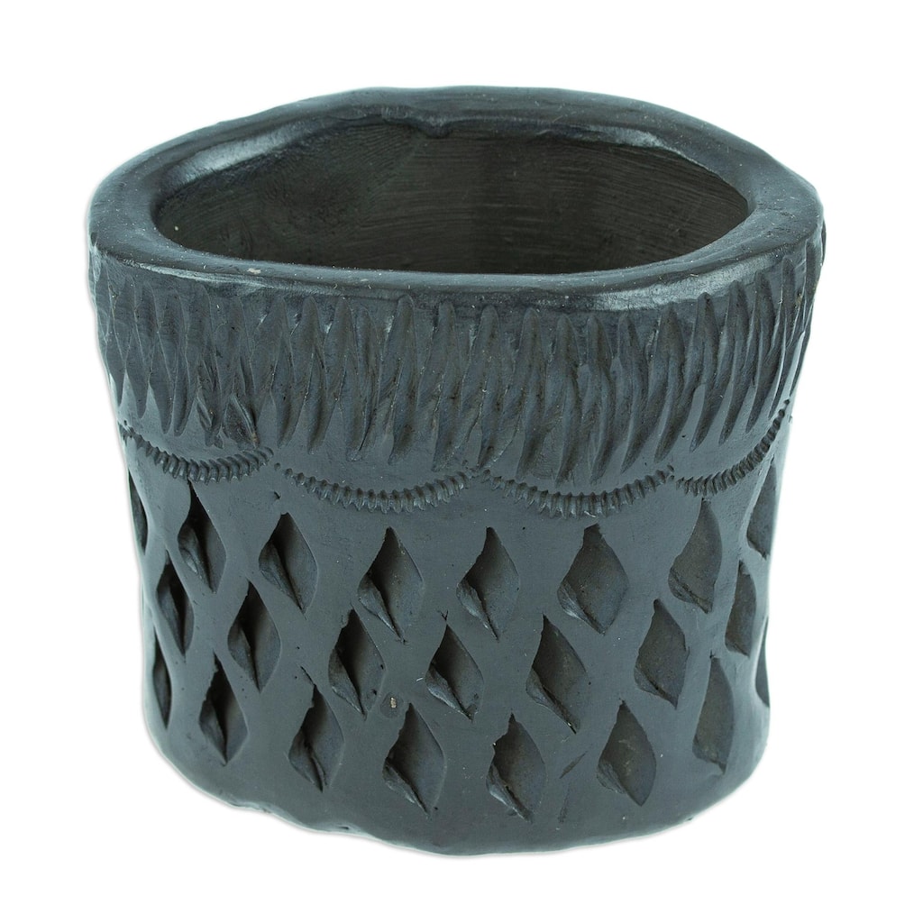 Novica Handmade Oval & Diamonds Barro Negro Mini Flower Pot
