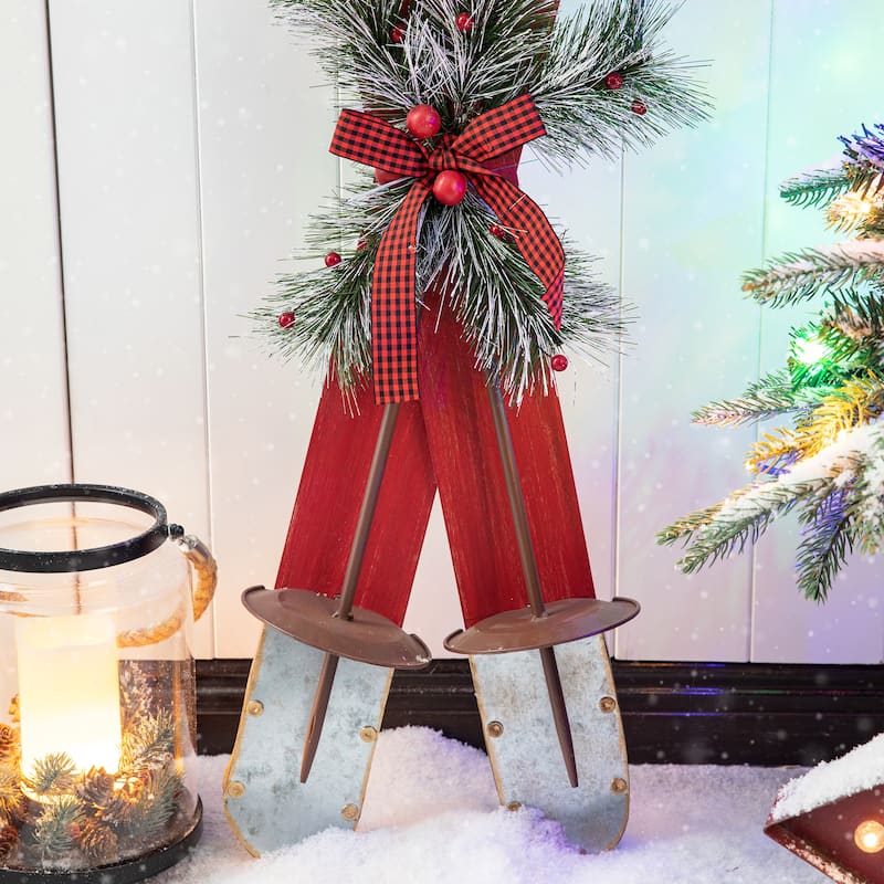 Glitzhome 35"H Christmas Wooden/Galvanized Ski Porch Decor