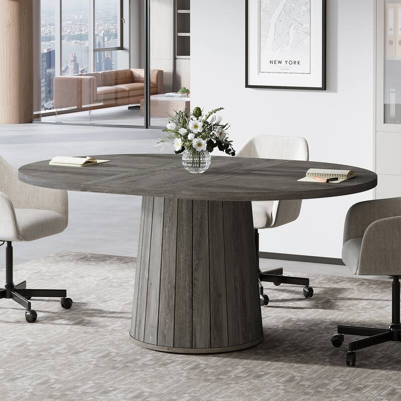 55.11 Inch Brown Wood Oval Conference Table with Wood Base for 6 People - Grey